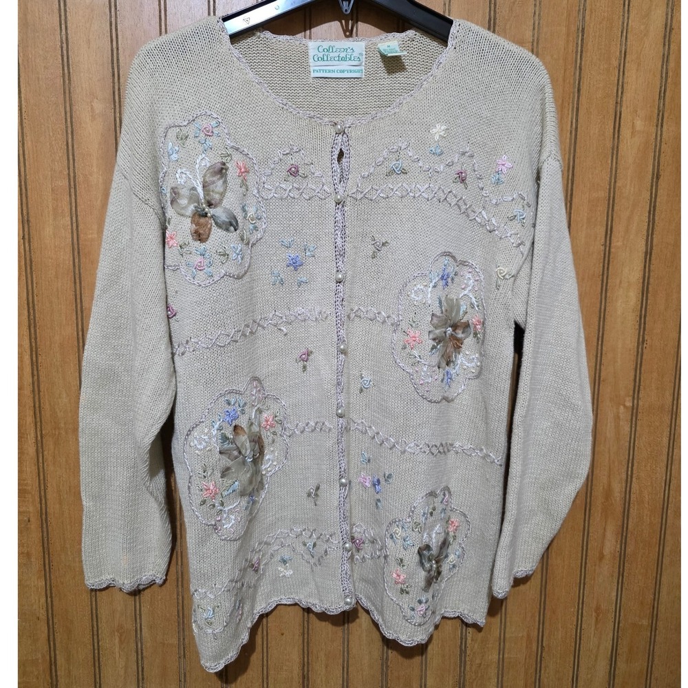 Colleen's Collectibles Floral Cardigan Embroidered Knit Sweater Cottagecore M
